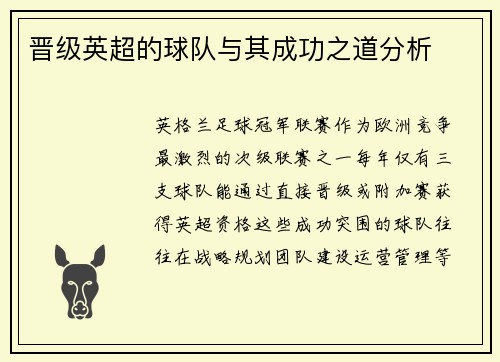 晋级英超的球队与其成功之道分析